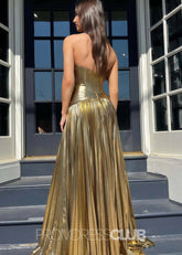 Florence |Long Gold Prom Dress Metallic With A Line Sweetheart Pleated Split - Gold - PromDressClub